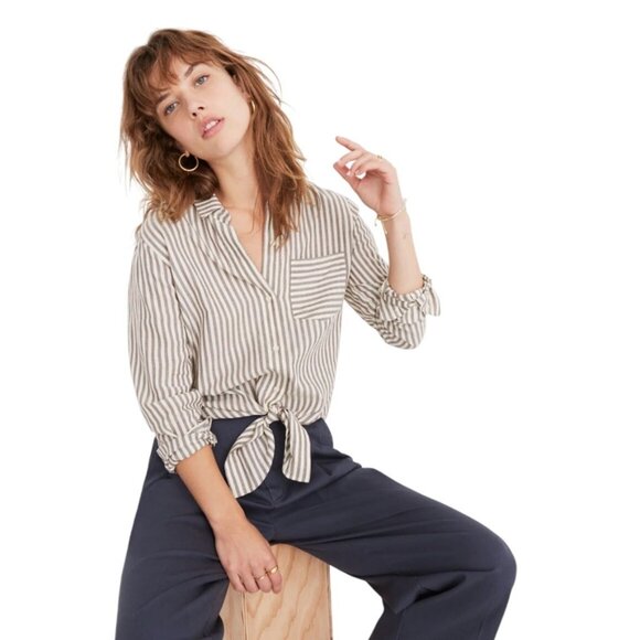 Madewell Tie-Front Striped Cotton Shirt In Maitland Stripe Small - Picture 14 of 14